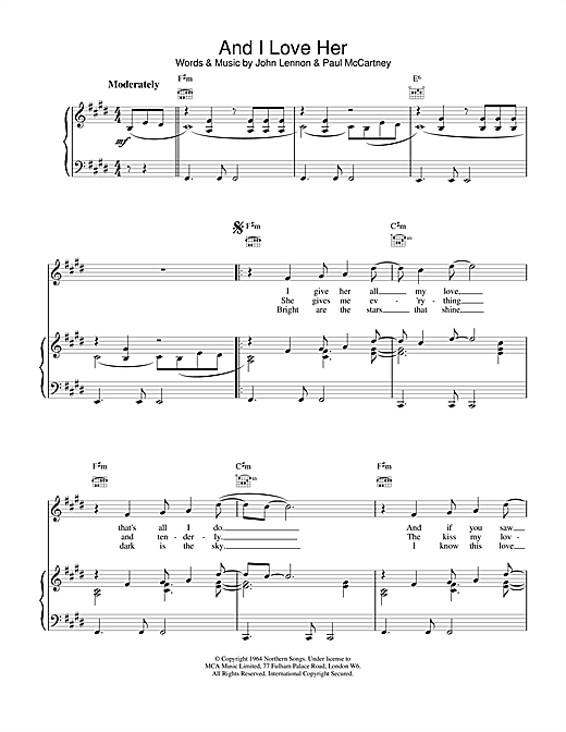 Preview The Beatles And I Love Her Rock sheet music, notes and chords for Piano, Vocal & Guitar (Right-Hand Melody), SKU: 15020 sheet music, piano notes, chords, guitar tabs, score, transpose, transcribe, how to play, guide, download, learn, tutorial, progression, song, artist, awards, billboard, mtv, vh1, tour, single, album, release