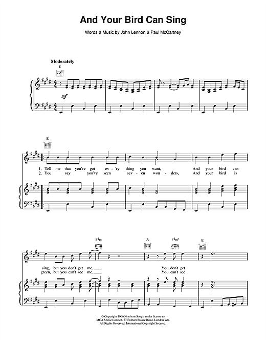 Preview The Beatles And Your Bird Can Sing Rock sheet music, notes and chords for Piano, Vocal & Guitar (Right-Hand Melody), SKU: 15021 sheet music, piano notes, chords, guitar tabs, score, transpose, transcribe, how to play, guide, download, learn, tutorial, progression, song, artist, awards, billboard, mtv, vh1, tour, single, album, release