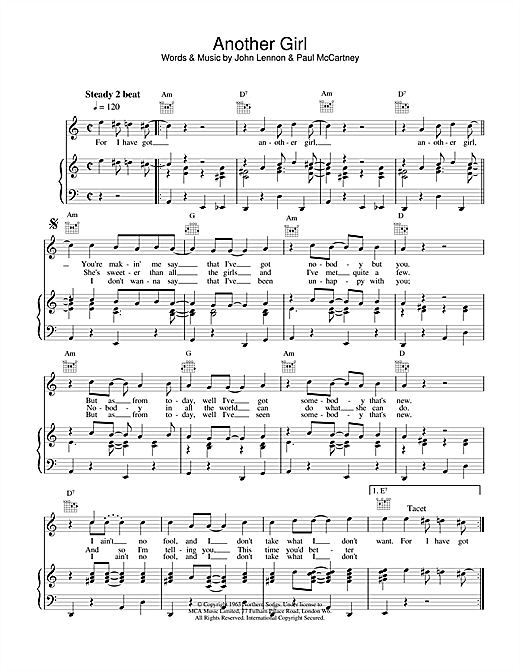 Preview The Beatles Another Girl Rock sheet music, notes and chords for Piano, Vocal & Guitar (Right-Hand Melody), SKU: 15022 sheet music, piano notes, chords, guitar tabs, score, transpose, transcribe, how to play, guide, download, learn, tutorial, progression, song, artist, awards, billboard, mtv, vh1, tour, single, album, release