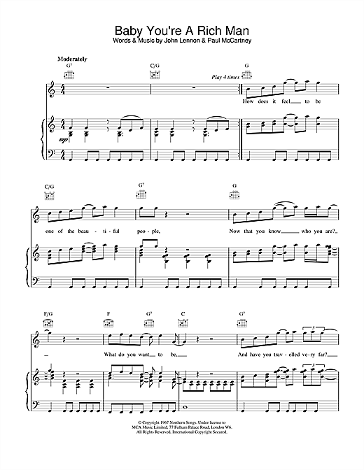 Preview The Beatles Baby You're A Rich Man Rock sheet music, notes and chords for Piano, Vocal & Guitar (Right-Hand Melody), SKU: 15025 sheet music, piano notes, chords, guitar tabs, score, transpose, transcribe, how to play, guide, download, learn, tutorial, progression, song, artist, awards, billboard, mtv, vh1, tour, single, album, release