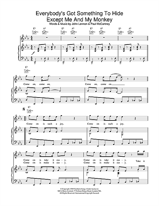 Preview The Beatles Everybody's Got Something To Hide Except Me And My Monkey Rock sheet music, notes and chords for Piano, Vocal & Guitar (Right-Hand Melody), SKU: 15029 sheet music, piano notes, chords, guitar tabs, score, transpose, transcribe, how to play, guide, download, learn, tutorial, progression, song, artist, awards, billboard, mtv, vh1, tour, single, album, release