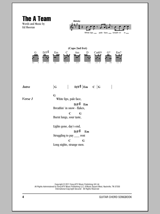 Preview Ed Sheeran The A Team Pop sheet music, notes and chords for Lyrics & Chords, SKU: 150308 sheet music, piano notes, chords, guitar tabs, score, transpose, transcribe, how to play, guide, download, learn, tutorial, progression, song, artist, awards, billboard, mtv, vh1, tour, single, album, release
