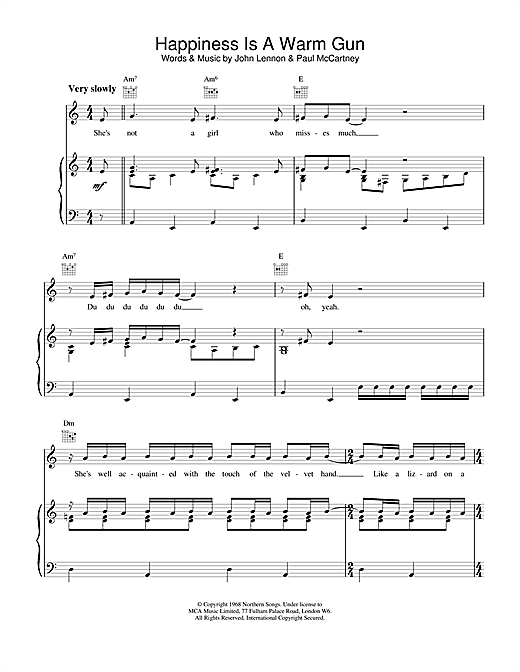 Preview The Beatles Happiness Is A Warm Gun Rock sheet music, notes and chords for Piano, Vocal & Guitar (Right-Hand Melody), SKU: 15031 sheet music, piano notes, chords, guitar tabs, score, transpose, transcribe, how to play, guide, download, learn, tutorial, progression, song, artist, awards, billboard, mtv, vh1, tour, single, album, release