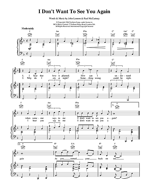 Preview The Beatles I Don't Want To See You Again Rock sheet music, notes and chords for Piano, Vocal & Guitar (Right-Hand Melody), SKU: 15033 sheet music, piano notes, chords, guitar tabs, score, transpose, transcribe, how to play, guide, download, learn, tutorial, progression, song, artist, awards, billboard, mtv, vh1, tour, single, album, release