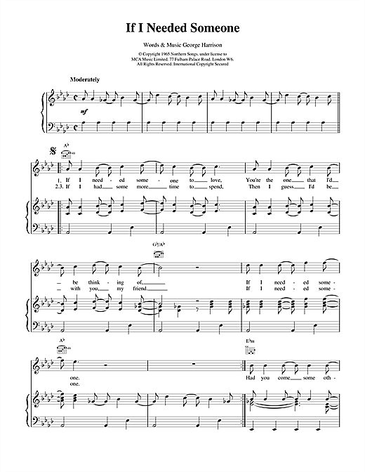 Preview The Beatles If I Needed Someone Rock sheet music, notes and chords for Piano, Vocal & Guitar (Right-Hand Melody), SKU: 15038 sheet music, piano notes, chords, guitar tabs, score, transpose, transcribe, how to play, guide, download, learn, tutorial, progression, song, artist, awards, billboard, mtv, vh1, tour, single, album, release