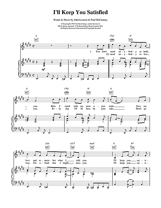 Preview The Beatles I'll Keep You Satisfied Rock sheet music, notes and chords for Piano, Vocal & Guitar (Right-Hand Melody), SKU: 15039 sheet music, piano notes, chords, guitar tabs, score, transpose, transcribe, how to play, guide, download, learn, tutorial, progression, song, artist, awards, billboard, mtv, vh1, tour, single, album, release