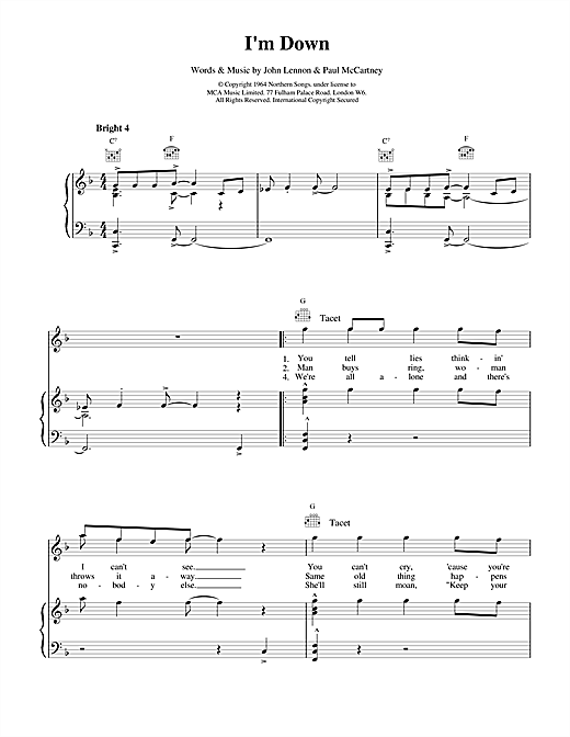 Preview The Beatles I'm Down Rock sheet music, notes and chords for Piano, Vocal & Guitar (Right-Hand Melody), SKU: 15040 sheet music, piano notes, chords, guitar tabs, score, transpose, transcribe, how to play, guide, download, learn, tutorial, progression, song, artist, awards, billboard, mtv, vh1, tour, single, album, release