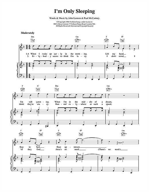 Preview The Beatles I'm Only Sleeping Rock sheet music, notes and chords for Piano, Vocal & Guitar (Right-Hand Melody), SKU: 15043 sheet music, piano notes, chords, guitar tabs, score, transpose, transcribe, how to play, guide, download, learn, tutorial, progression, song, artist, awards, billboard, mtv, vh1, tour, single, album, release