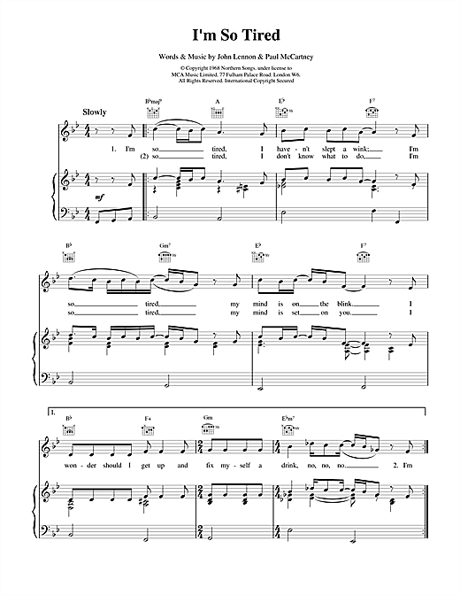 Preview The Beatles I'm So Tired Rock sheet music, notes and chords for Piano, Vocal & Guitar (Right-Hand Melody), SKU: 15044 sheet music, piano notes, chords, guitar tabs, score, transpose, transcribe, how to play, guide, download, learn, tutorial, progression, song, artist, awards, billboard, mtv, vh1, tour, single, album, release