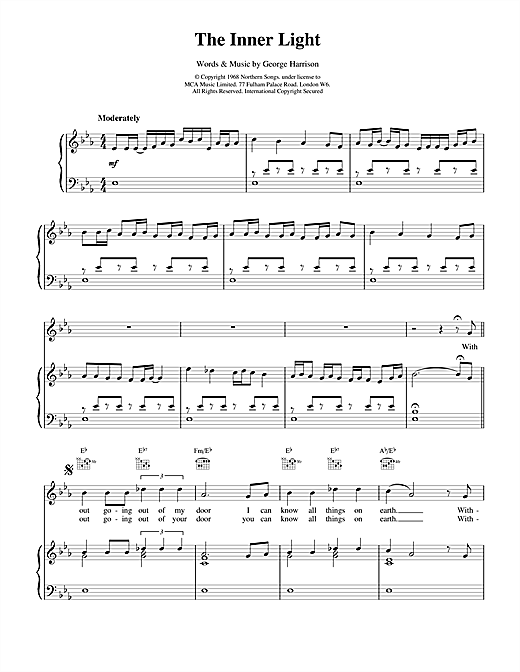 Preview The Beatles The Inner Light Rock sheet music, notes and chords for Piano, Vocal & Guitar (Right-Hand Melody), SKU: 15046 sheet music, piano notes, chords, guitar tabs, score, transpose, transcribe, how to play, guide, download, learn, tutorial, progression, song, artist, awards, billboard, mtv, vh1, tour, single, album, release