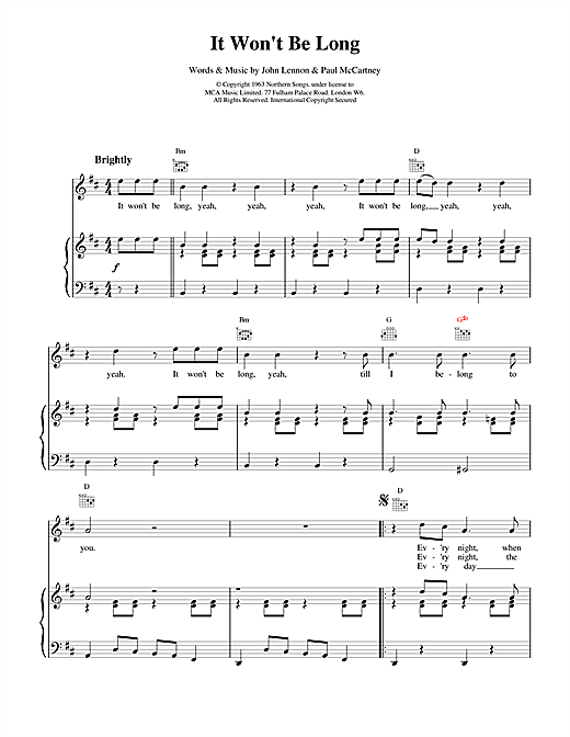Preview The Beatles It Won't Be Long Rock sheet music, notes and chords for Piano, Vocal & Guitar (Right-Hand Melody), SKU: 15047 sheet music, piano notes, chords, guitar tabs, score, transpose, transcribe, how to play, guide, download, learn, tutorial, progression, song, artist, awards, billboard, mtv, vh1, tour, single, album, release