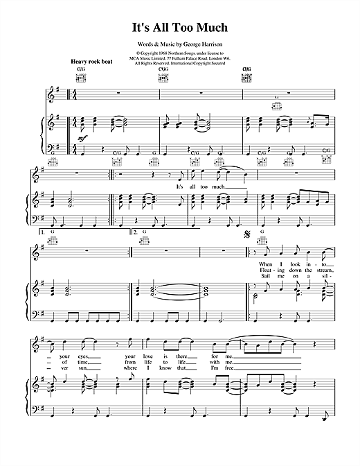 Preview The Beatles It's All Too Much Rock sheet music, notes and chords for Piano, Vocal & Guitar (Right-Hand Melody), SKU: 15048 sheet music, piano notes, chords, guitar tabs, score, transpose, transcribe, how to play, guide, download, learn, tutorial, progression, song, artist, awards, billboard, mtv, vh1, tour, single, album, release