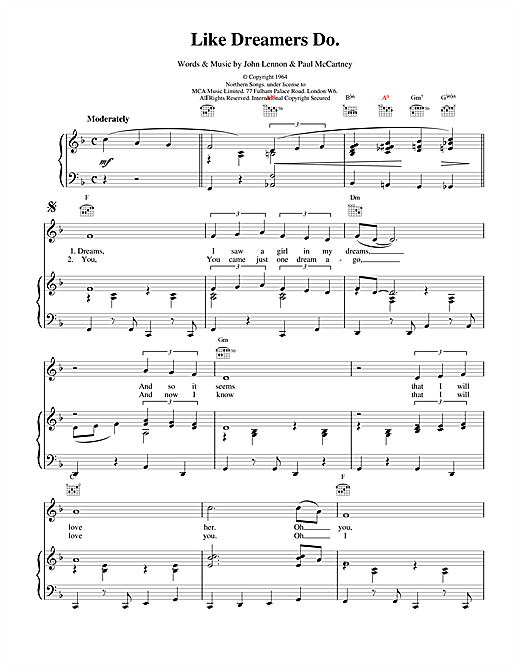 Preview The Beatles Like Dreamers Do Rock sheet music, notes and chords for Piano, Vocal & Guitar (Right-Hand Melody), SKU: 15053 sheet music, piano notes, chords, guitar tabs, score, transpose, transcribe, how to play, guide, download, learn, tutorial, progression, song, artist, awards, billboard, mtv, vh1, tour, single, album, release