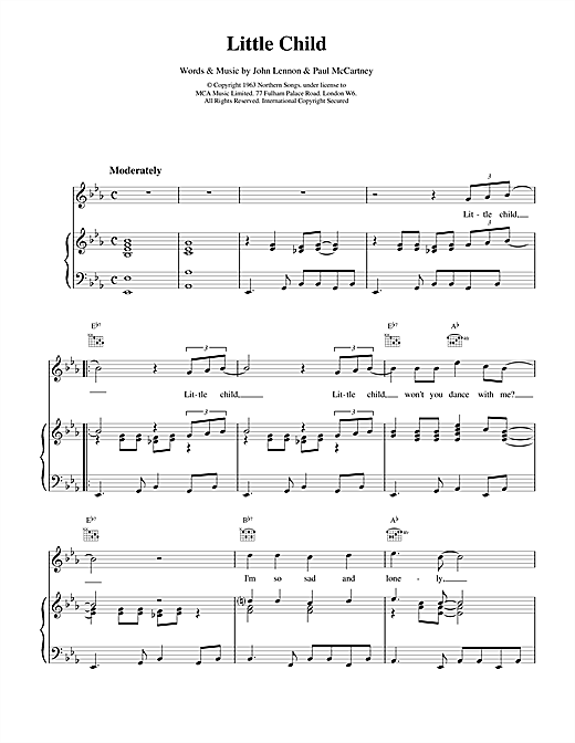 Preview The Beatles Little Child Rock sheet music, notes and chords for Piano, Vocal & Guitar (Right-Hand Melody), SKU: 15054 sheet music, piano notes, chords, guitar tabs, score, transpose, transcribe, how to play, guide, download, learn, tutorial, progression, song, artist, awards, billboard, mtv, vh1, tour, single, album, release