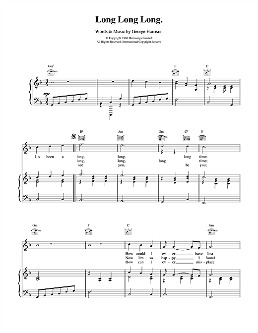 Preview The Beatles Long Long Long Rock sheet music, notes and chords for Piano, Vocal & Guitar (Right-Hand Melody), SKU: 15056 sheet music, piano notes, chords, guitar tabs, score, transpose, transcribe, how to play, guide, download, learn, tutorial, progression, song, artist, awards, billboard, mtv, vh1, tour, single, album, release
