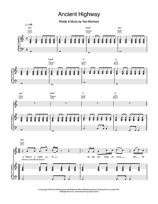 Preview Van Morrison Ancient Highway Pop sheet music, notes and chords for Piano, Vocal & Guitar, SKU: 15060 sheet music, piano notes, chords, guitar tabs, score, transpose, transcribe, how to play, guide, download, learn, tutorial, progression, song, artist, awards, billboard, mtv, vh1, tour, single, album, release