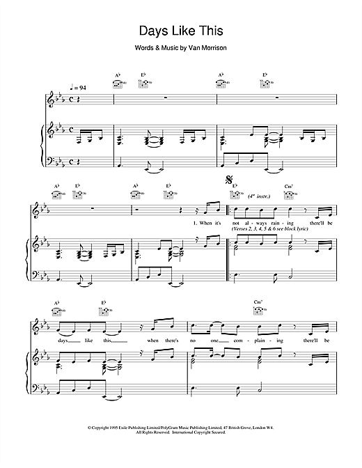 Preview Van Morrison Days Like This Pop sheet music, notes and chords for Piano, Vocal & Guitar (Right-Hand Melody), SKU: 15061 sheet music, piano notes, chords, guitar tabs, score, transpose, transcribe, how to play, guide, download, learn, tutorial, progression, song, artist, awards, billboard, mtv, vh1, tour, single, album, release