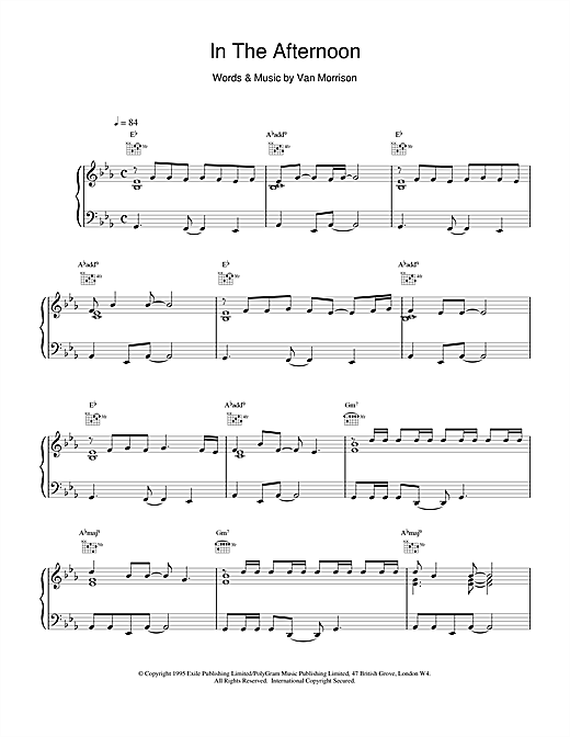Preview Van Morrison In The Afternoon Pop sheet music, notes and chords for Piano, Vocal & Guitar (Right-Hand Melody), SKU: 15063 sheet music, piano notes, chords, guitar tabs, score, transpose, transcribe, how to play, guide, download, learn, tutorial, progression, song, artist, awards, billboard, mtv, vh1, tour, single, album, release