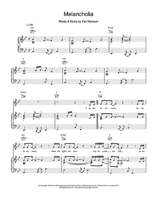Preview Van Morrison Melancholia Pop sheet music, notes and chords for Piano, Vocal & Guitar (Right-Hand Melody), SKU: 15064 sheet music, piano notes, chords, guitar tabs, score, transpose, transcribe, how to play, guide, download, learn, tutorial, progression, song, artist, awards, billboard, mtv, vh1, tour, single, album, release