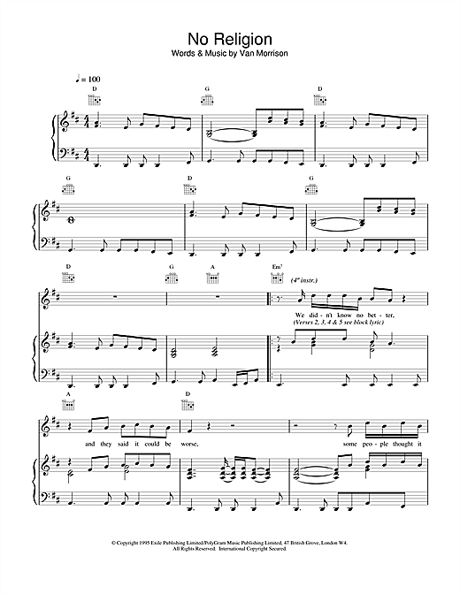 Preview Van Morrison No Religion Pop sheet music, notes and chords for Piano, Vocal & Guitar (Right-Hand Melody), SKU: 15065 sheet music, piano notes, chords, guitar tabs, score, transpose, transcribe, how to play, guide, download, learn, tutorial, progression, song, artist, awards, billboard, mtv, vh1, tour, single, album, release