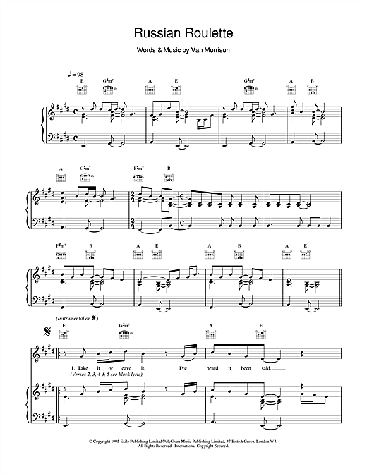 Preview Van Morrison Russian Roulette Pop sheet music, notes and chords for Piano, Vocal & Guitar (Right-Hand Melody), SKU: 15067 sheet music, piano notes, chords, guitar tabs, score, transpose, transcribe, how to play, guide, download, learn, tutorial, progression, song, artist, awards, billboard, mtv, vh1, tour, single, album, release