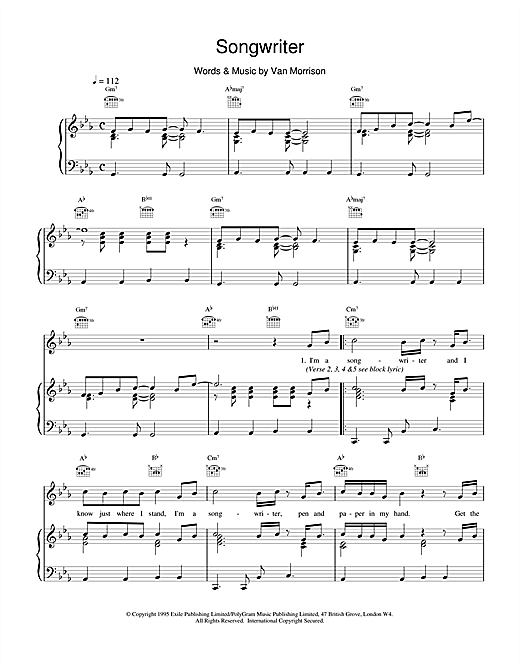 Preview Van Morrison Songwriter Pop sheet music, notes and chords for Piano, Vocal & Guitar (Right-Hand Melody), SKU: 15068 sheet music, piano notes, chords, guitar tabs, score, transpose, transcribe, how to play, guide, download, learn, tutorial, progression, song, artist, awards, billboard, mtv, vh1, tour, single, album, release