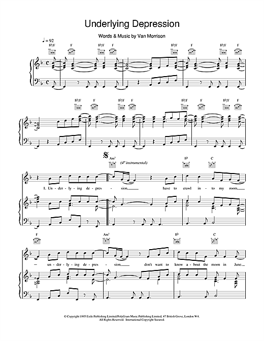 Preview Van Morrison Underlying Depression Pop sheet music, notes and chords for Piano, Vocal & Guitar (Right-Hand Melody), SKU: 15069 sheet music, piano notes, chords, guitar tabs, score, transpose, transcribe, how to play, guide, download, learn, tutorial, progression, song, artist, awards, billboard, mtv, vh1, tour, single, album, release