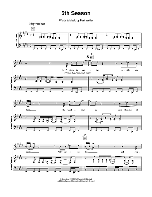 Preview Paul Weller 5th Season Rock sheet music, notes and chords for Piano, Vocal & Guitar, SKU: 15071 sheet music, piano notes, chords, guitar tabs, score, transpose, transcribe, how to play, guide, download, learn, tutorial, progression, song, artist, awards, billboard, mtv, vh1, tour, single, album, release