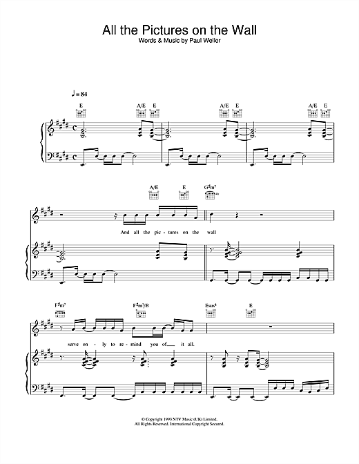 Preview Paul Weller All The Pictures On The Wall Rock sheet music, notes and chords for Piano, Vocal & Guitar, SKU: 15072 sheet music, piano notes, chords, guitar tabs, score, transpose, transcribe, how to play, guide, download, learn, tutorial, progression, song, artist, awards, billboard, mtv, vh1, tour, single, album, release