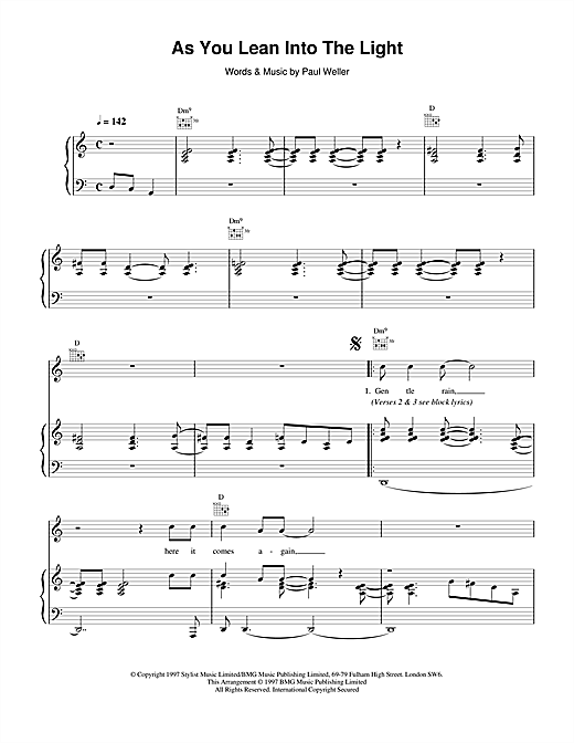 Preview Paul Weller As You Lean Into The Light Rock sheet music, notes and chords for Piano, Vocal & Guitar (Right-Hand Melody), SKU: 15073 sheet music, piano notes, chords, guitar tabs, score, transpose, transcribe, how to play, guide, download, learn, tutorial, progression, song, artist, awards, billboard, mtv, vh1, tour, single, album, release