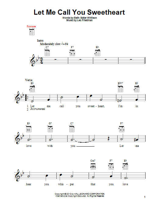 Preview Leo Friedman Let Me Call You Sweetheart Secular sheet music, notes and chords for Ukulele, SKU: 150758 sheet music, piano notes, chords, guitar tabs, score, transpose, transcribe, how to play, guide, download, learn, tutorial, progression, song, artist, awards, billboard, mtv, vh1, tour, single, album, release