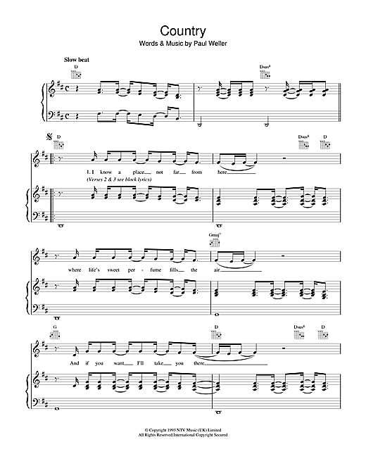 Preview Paul Weller Country Rock sheet music, notes and chords for Piano, Vocal & Guitar (Right-Hand Melody), SKU: 15076 sheet music, piano notes, chords, guitar tabs, score, transpose, transcribe, how to play, guide, download, learn, tutorial, progression, song, artist, awards, billboard, mtv, vh1, tour, single, album, release