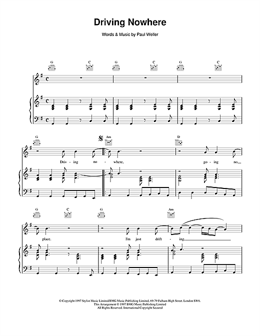 Preview Paul Weller Driving Nowhere Rock sheet music, notes and chords for Piano, Vocal & Guitar (Right-Hand Melody), SKU: 15077 sheet music, piano notes, chords, guitar tabs, score, transpose, transcribe, how to play, guide, download, learn, tutorial, progression, song, artist, awards, billboard, mtv, vh1, tour, single, album, release