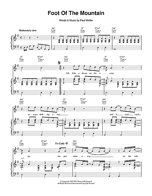 Preview Paul Weller Foot Of The Mountain Rock sheet music, notes and chords for Piano, Vocal & Guitar (Right-Hand Melody), SKU: 15078 sheet music, piano notes, chords, guitar tabs, score, transpose, transcribe, how to play, guide, download, learn, tutorial, progression, song, artist, awards, billboard, mtv, vh1, tour, single, album, release