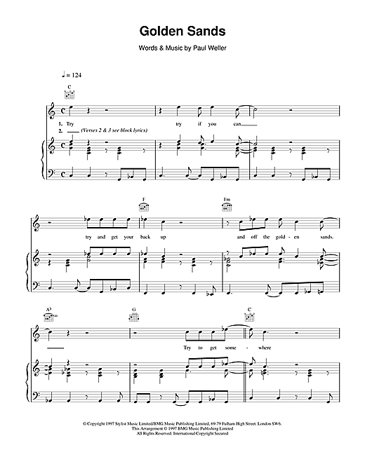 Preview Paul Weller Golden Sands Rock sheet music, notes and chords for Piano, Vocal & Guitar (Right-Hand Melody), SKU: 15080 sheet music, piano notes, chords, guitar tabs, score, transpose, transcribe, how to play, guide, download, learn, tutorial, progression, song, artist, awards, billboard, mtv, vh1, tour, single, album, release
