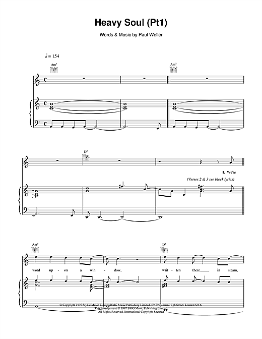 Preview Paul Weller Heavy Soul (Pt1) Rock sheet music, notes and chords for Piano, Vocal & Guitar (Right-Hand Melody), SKU: 15082 sheet music, piano notes, chords, guitar tabs, score, transpose, transcribe, how to play, guide, download, learn, tutorial, progression, song, artist, awards, billboard, mtv, vh1, tour, single, album, release
