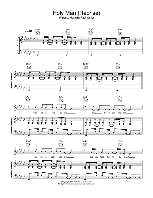 Preview Paul Weller Holy Man (Reprise) Rock sheet music, notes and chords for Piano, Vocal & Guitar, SKU: 15084 sheet music, piano notes, chords, guitar tabs, score, transpose, transcribe, how to play, guide, download, learn, tutorial, progression, song, artist, awards, billboard, mtv, vh1, tour, single, album, release