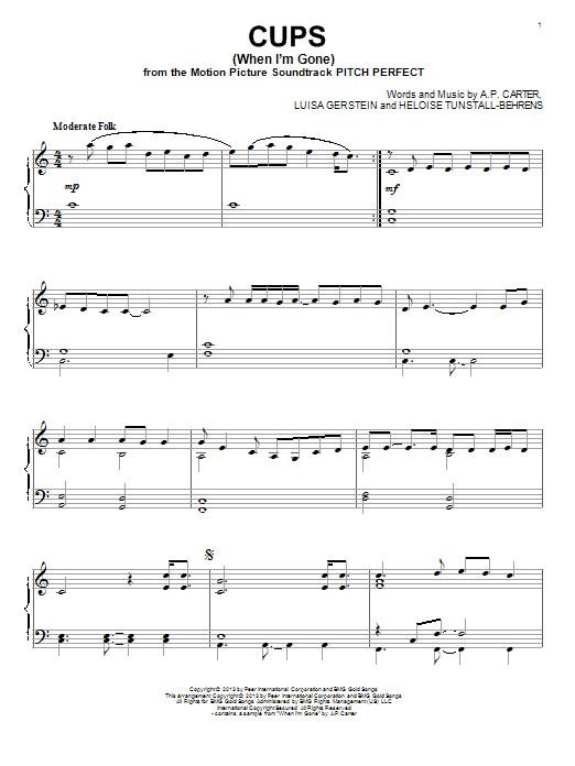 Preview Anna Kendrick Cups (When I'm Gone) Pop sheet music, notes and chords for Piano, SKU: 150859 sheet music, piano notes, chords, guitar tabs, score, transpose, transcribe, how to play, guide, download, learn, tutorial, progression, song, artist, awards, billboard, mtv, vh1, tour, single, album, release