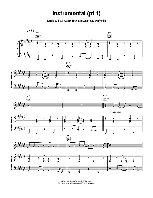 Preview Paul Weller Instrumental (pt1) Rock sheet music, notes and chords for Piano, Vocal & Guitar, SKU: 15086 sheet music, piano notes, chords, guitar tabs, score, transpose, transcribe, how to play, guide, download, learn, tutorial, progression, song, artist, awards, billboard, mtv, vh1, tour, single, album, release