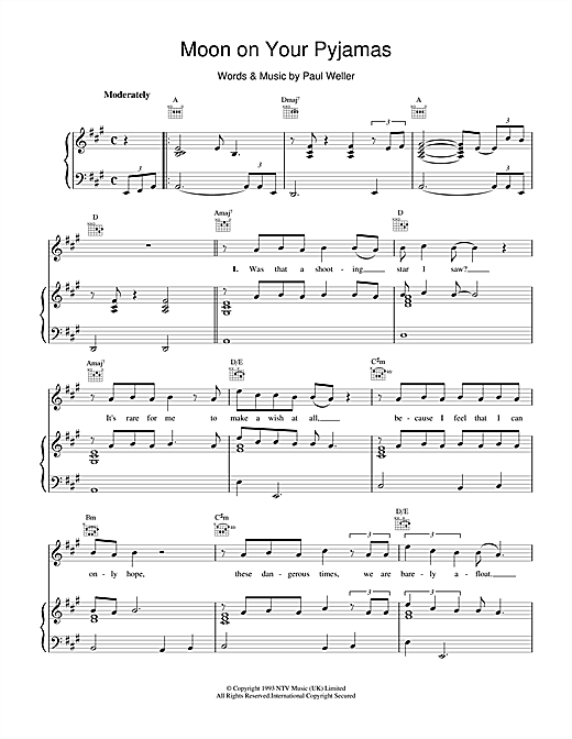 Preview Paul Weller Moon on Your Pyjamas Rock sheet music, notes and chords for Piano, Vocal & Guitar (Right-Hand Melody), SKU: 15089 sheet music, piano notes, chords, guitar tabs, score, transpose, transcribe, how to play, guide, download, learn, tutorial, progression, song, artist, awards, billboard, mtv, vh1, tour, single, album, release