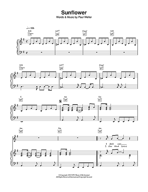 Preview Paul Weller Sunflower Rock sheet music, notes and chords for Piano, Vocal & Guitar (Right-Hand Melody), SKU: 15093 sheet music, piano notes, chords, guitar tabs, score, transpose, transcribe, how to play, guide, download, learn, tutorial, progression, song, artist, awards, billboard, mtv, vh1, tour, single, album, release