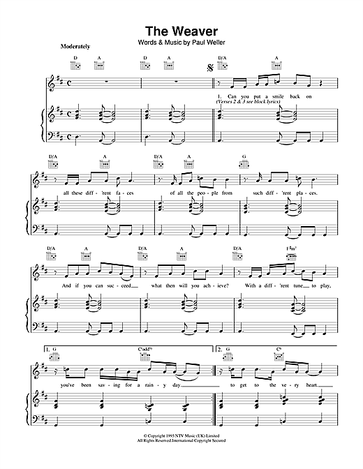 Preview Paul Weller The Weaver Rock sheet music, notes and chords for Piano, Vocal & Guitar, SKU: 15094 sheet music, piano notes, chords, guitar tabs, score, transpose, transcribe, how to play, guide, download, learn, tutorial, progression, song, artist, awards, billboard, mtv, vh1, tour, single, album, release