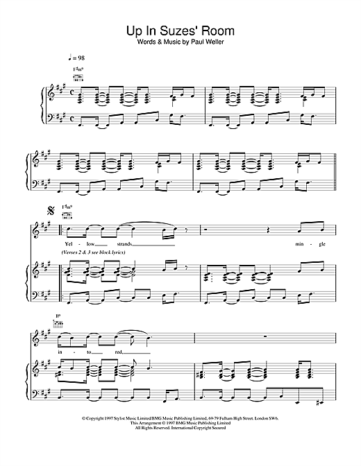 Preview Paul Weller Up In Suzes' Room Rock sheet music, notes and chords for Piano, Vocal & Guitar (Right-Hand Melody), SKU: 15095 sheet music, piano notes, chords, guitar tabs, score, transpose, transcribe, how to play, guide, download, learn, tutorial, progression, song, artist, awards, billboard, mtv, vh1, tour, single, album, release