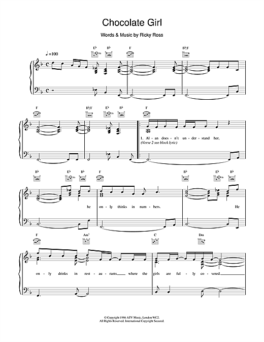 Preview Deacon Blue Chocolate Girl Rock sheet music, notes and chords for Piano, Vocal & Guitar (Right-Hand Melody), SKU: 15098 sheet music, piano notes, chords, guitar tabs, score, transpose, transcribe, how to play, guide, download, learn, tutorial, progression, song, artist, awards, billboard, mtv, vh1, tour, single, album, release