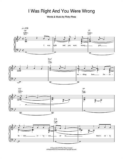 Preview Deacon Blue I Was Right And You Were Wrong Rock sheet music, notes and chords for Piano, Vocal & Guitar (Right-Hand Melody), SKU: 15101 sheet music, piano notes, chords, guitar tabs, score, transpose, transcribe, how to play, guide, download, learn, tutorial, progression, song, artist, awards, billboard, mtv, vh1, tour, single, album, release
