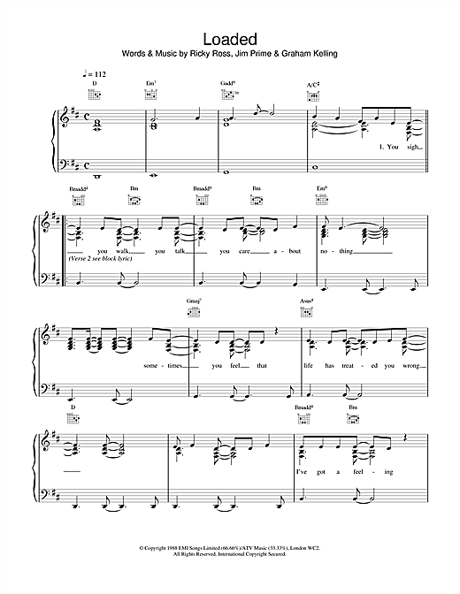 Preview Deacon Blue Loaded Rock sheet music, notes and chords for Piano, Vocal & Guitar (Right-Hand Melody), SKU: 15102 sheet music, piano notes, chords, guitar tabs, score, transpose, transcribe, how to play, guide, download, learn, tutorial, progression, song, artist, awards, billboard, mtv, vh1, tour, single, album, release