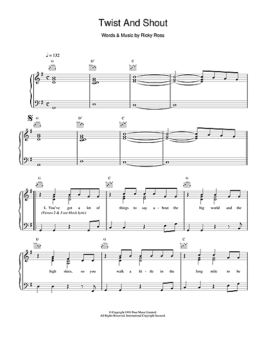 Preview Deacon Blue Twist And Shout Rock sheet music, notes and chords for Piano, Vocal & Guitar (Right-Hand Melody), SKU: 15105 sheet music, piano notes, chords, guitar tabs, score, transpose, transcribe, how to play, guide, download, learn, tutorial, progression, song, artist, awards, billboard, mtv, vh1, tour, single, album, release