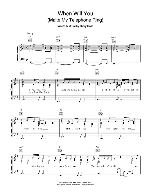 Preview Deacon Blue When Will You (Make My Telephone Ring) Rock sheet music, notes and chords for Piano, Vocal & Guitar (Right-Hand Melody), SKU: 15106 sheet music, piano notes, chords, guitar tabs, score, transpose, transcribe, how to play, guide, download, learn, tutorial, progression, song, artist, awards, billboard, mtv, vh1, tour, single, album, release
