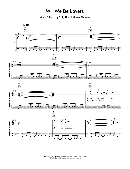 Preview Deacon Blue Will We Be Lovers Rock sheet music, notes and chords for Piano, Vocal & Guitar (Right-Hand Melody), SKU: 15107 sheet music, piano notes, chords, guitar tabs, score, transpose, transcribe, how to play, guide, download, learn, tutorial, progression, song, artist, awards, billboard, mtv, vh1, tour, single, album, release