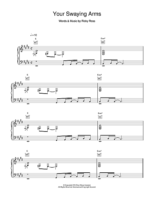 Preview Deacon Blue Your Swaying Arms Rock sheet music, notes and chords for Piano, Vocal & Guitar (Right-Hand Melody), SKU: 15108 sheet music, piano notes, chords, guitar tabs, score, transpose, transcribe, how to play, guide, download, learn, tutorial, progression, song, artist, awards, billboard, mtv, vh1, tour, single, album, release